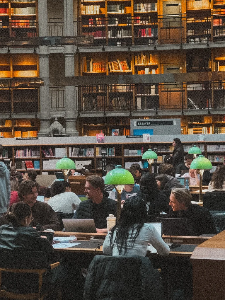 A packed library reading room, every desk taken and everyone working through their own pile.